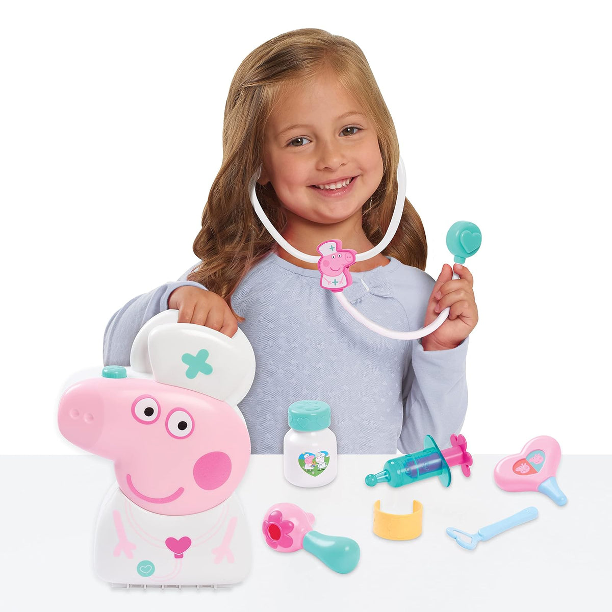 Peppa Pig Just Play - Juego de Fundas de chequeo con asa de Transporte, Kit médico de 8 Piezas para niños con Estetoscopio, Color Rosa