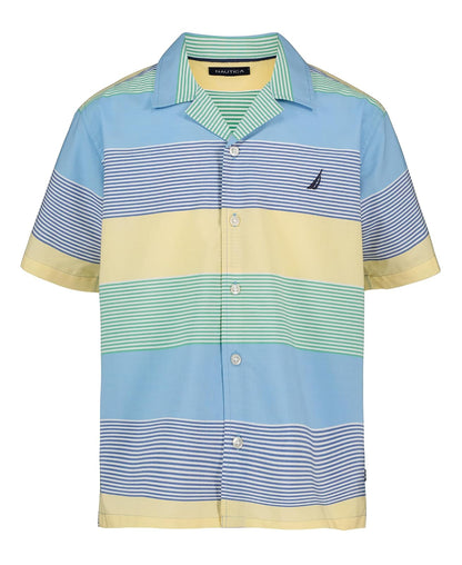Nautica - Camisa Tejida de Manga Corta con Botones, Ligera y Transpirable - 8 - Rayas anchas Niño Azul