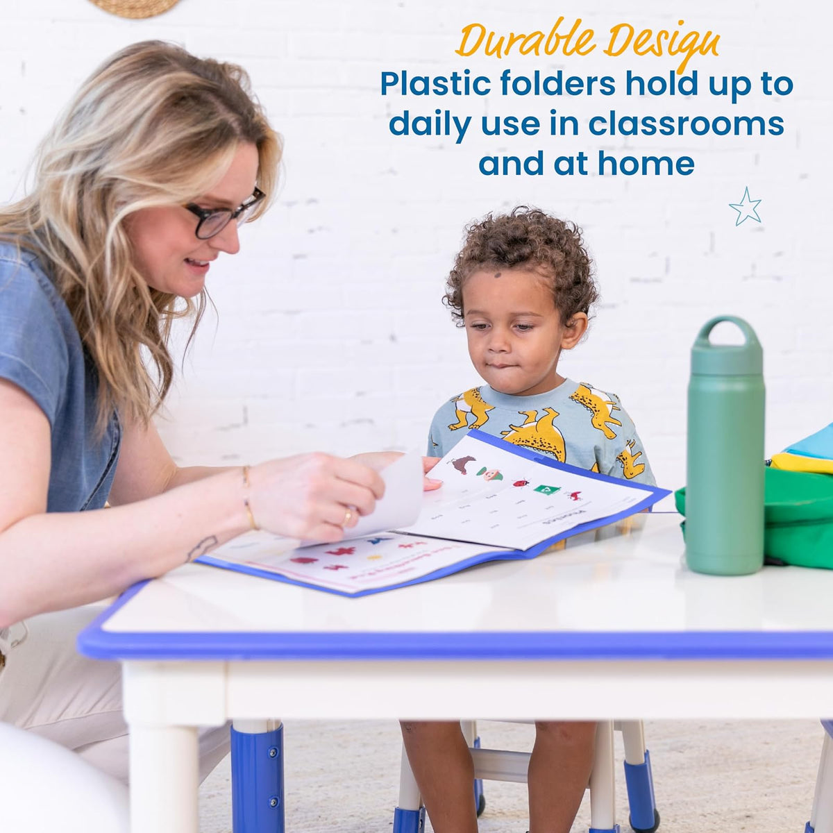 ECR4Kids MessageStor - Carpeta de comunicación para padres y profesores (2 bolsillos, plástico flexible, con bolsillos, papel tamaño carta, 36 unidades), color azul