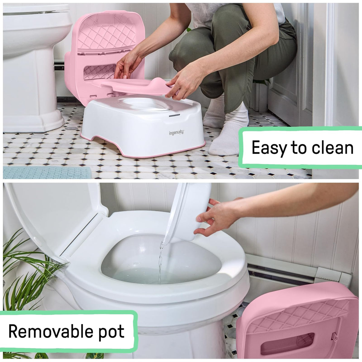 Ingenuity Prepare to Potty Sistema 3 en 1 - Inodoro de entrenamiento para ir al baño, parte superior, taburete de escalón, fácil instalación, rosa, para niños pequeños de 18 meses +