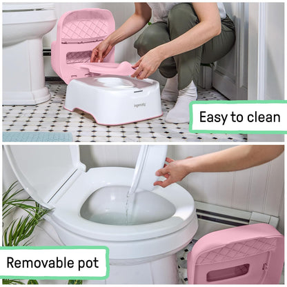 Ingenuity Prepare to Potty Sistema 3 en 1 - Inodoro de entrenamiento para ir al baño, parte superior, taburete de escalón, fácil instalación, rosa, para niños pequeños de 18 meses +
