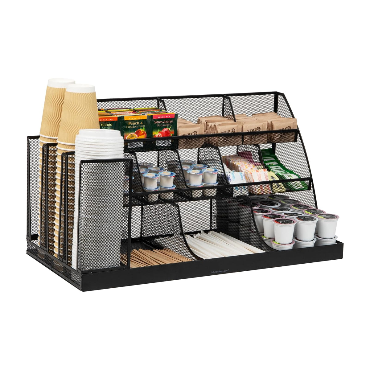 Mind Reader Cup and Condiment Station, Countertop Org, Coffee Bar, Kitchen, Metal Mesh, 23.75"L x 11.5"W x 12.5"H, Black