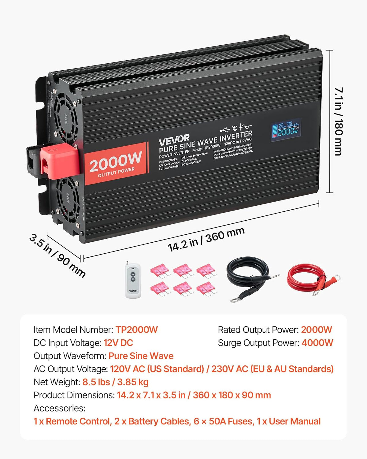 VEVOR Inversor de Onda sinusoidal Pura, 2000 vatios, CC 12 V a CA 120 V inversor de Corriente con 2 Salidas de CA, 2 Puertos USB, 1 Puerto Tipo C, visualización LCD y Control Remoto para Equipos