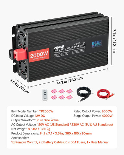 VEVOR Inversor de Onda sinusoidal Pura, 2000 vatios, CC 12 V a CA 120 V inversor de Corriente con 2 Salidas de CA, 2 Puertos USB, 1 Puerto Tipo C, visualización LCD y Control Remoto para Equipos