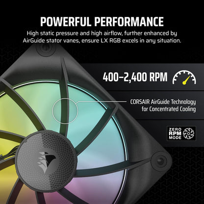 CORSAIR iCUE Link LX120 RGB 120 mm PWM Ventiladores – Paquete Triple – Bucles de luz dual – Incluye iCUE Link System Hub – Tecnología CORSAIR AirGuide – Negro