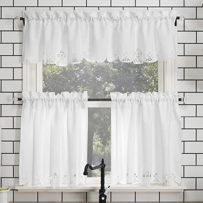 No. Mariela 918 - Juego de Cenefa y escalones de Cortina de Cocina con Ribete Floral, 58 x 36 Pulgadas, Color Blanco