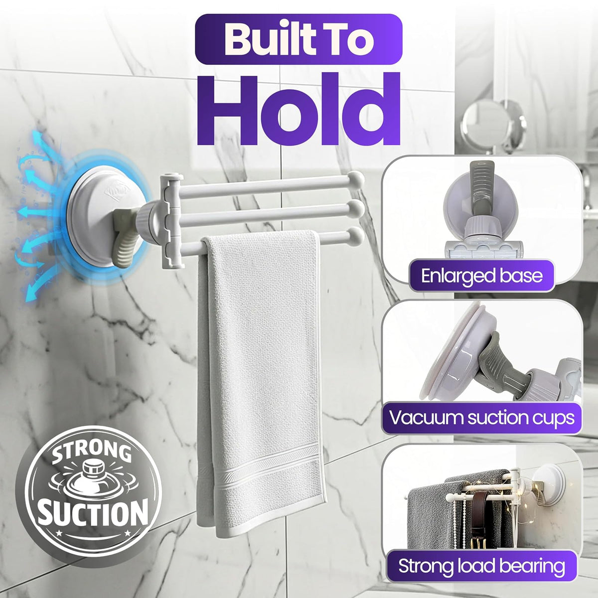 Safe-er-Grip - Estante de secado portátil para secado por goteo, color blanco con 3 brazos móviles, barra de toalla de ventosa con brazo oscilante, toallero, organizador de toallas, 11.5 x 17 pulgadas (paquete de 1)