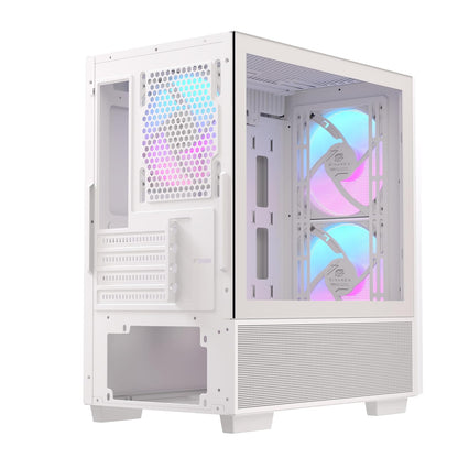EINAREX Pulse PM150 White - Gabinete Micro-ATX, Cristal Templado, Panel Frontal de Malla, Incluye 3 Ventiladores RGB, USB C, Soporta Enfriamientos de 240mm
