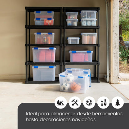 IRIS USA 3 Contenedores de 16 Qt con Tapa Hermética, Claro/Azul | El sello WeatherPro protege zapatos, manualidades, documentos y suministros del polvo y la humedad.