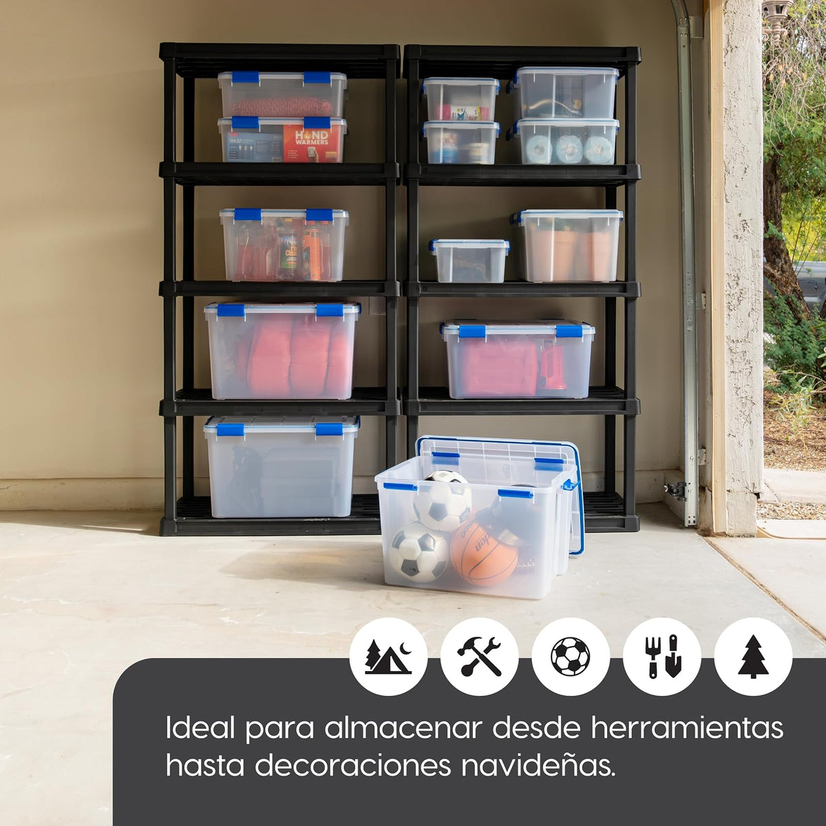 IRIS USA 2 Contenedores de 44 Qt con Tapa Hermética, Claro/Azul | El sello WeatherPro protege artículos voluminosos para mudanzas, garajes, áticos y sótanos.