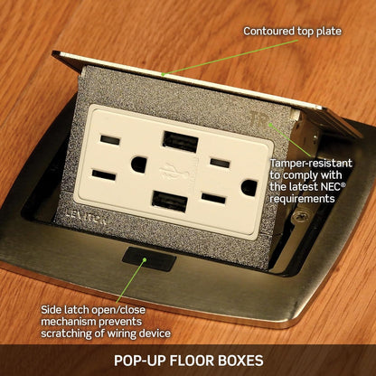 Leviton PFTR2-0BN Caja Desplegable para Piso con Receptáculo Dúplex, color Niquel