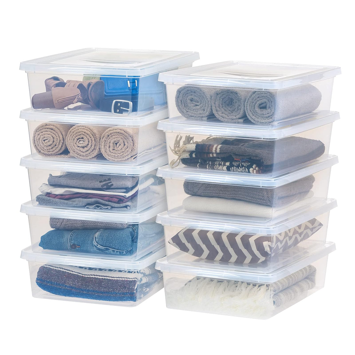 IRIS USA 6 Contenedores de 58 Qt con Tapa, Transparentes, Apilables | Ideal para mudanzas, cobijas, ropa y garaje. Diseño transparente y anidable para encontrar todo fácilmente. - Transparente - 26 L - Paquete de 10