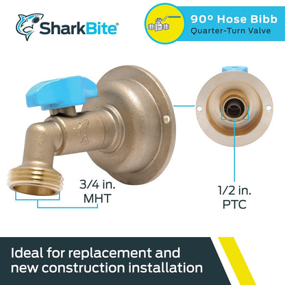SharkBite Babero de manguera MHT de 90 grados de 1/2 x 3/4 pulgadas, cuarto de vuelta, empuje para conectar el accesorio de fontanería de latón, tubo PEX, cobre, CPVC, PE-RT, HDPE, 24620LF