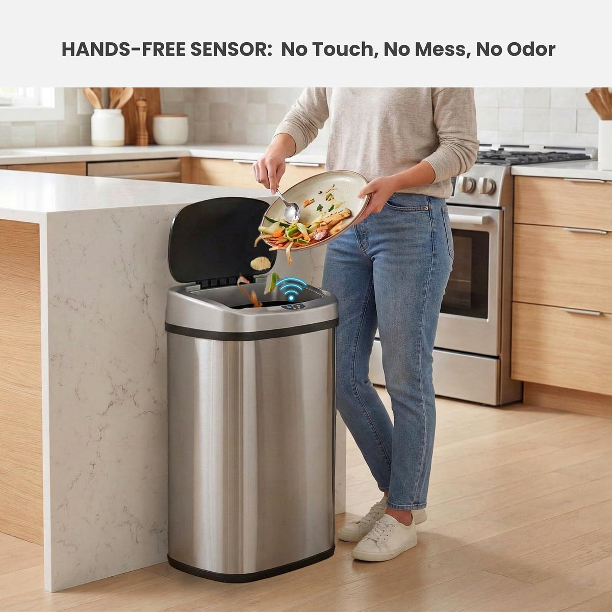 iTouchless SensorCan - Cubo de basura sin contacto con filtro absorbente de olores, forma, acero inoxidable ovalado