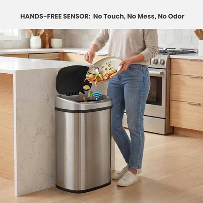 iTouchless SensorCan - Cubo de basura sin contacto con filtro absorbente de olores, forma, acero inoxidable ovalado