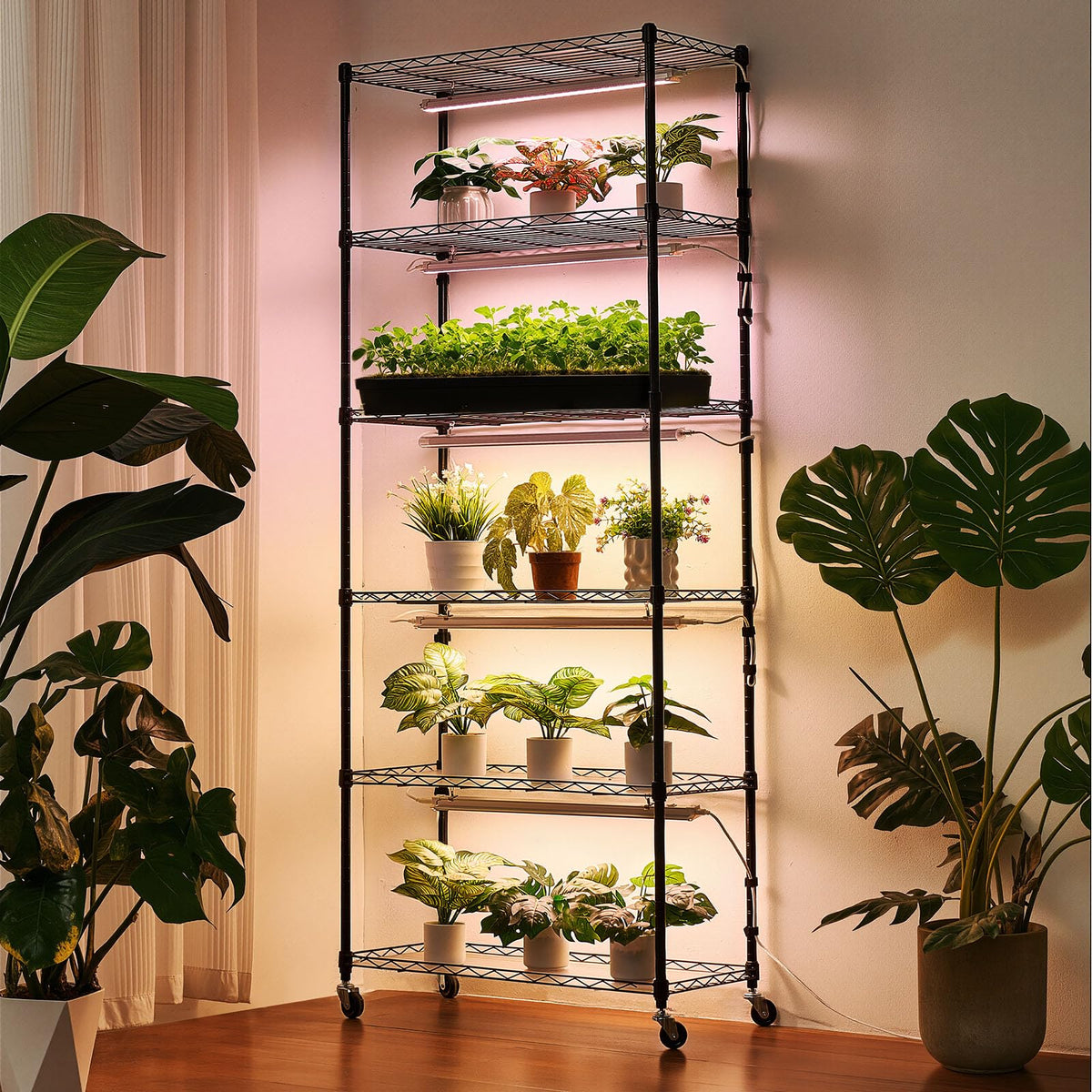 VEVOR Soporte para Plantas con Luz de Cultivo 6 Niveles 180 cm 150 W, Estante para Plantas con Ruedas, Temporizador de 4/9/14 H, 3 Modos de Iluminación, para Crecimiento de Planta, 750x350x1800 mm