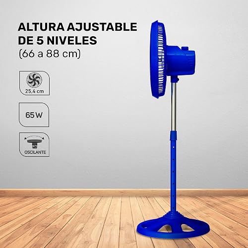 PRACTIKA 10-SF | Ventilador de Pedestal 10” Azul | 3 Velocidades | Altura Ajustable (66 a 88 cm) | Compacto y fácil armado | Ideal para Espacios Pequeños | 65W
