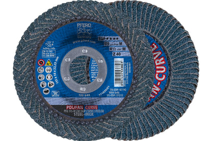 PFERD POLIFAN® - Disco de aleta de tipo radial curva, 4-1/2 x 7/8 pulgadas, circonita de grano 40, accesorio de soldadura y accesorio de amoladora angular - para molienda de acero y acero inoxidable