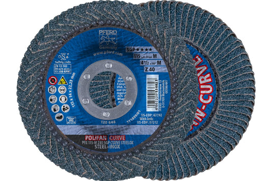 PFERD POLIFAN® - Disco de aleta de tipo radial curva, 4-1/2 x 7/8 pulgadas, circonita de grano 40, accesorio de soldadura y accesorio de amoladora angular - para molienda de acero y acero inoxidable