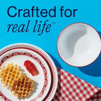 Corelle Vitrelle - Juego de 6 cuencos de vidrio, para sopa de cereales y postres, resistente a las virutas y ligero, juego de vajilla de tazón con banda roja de 28 onzas