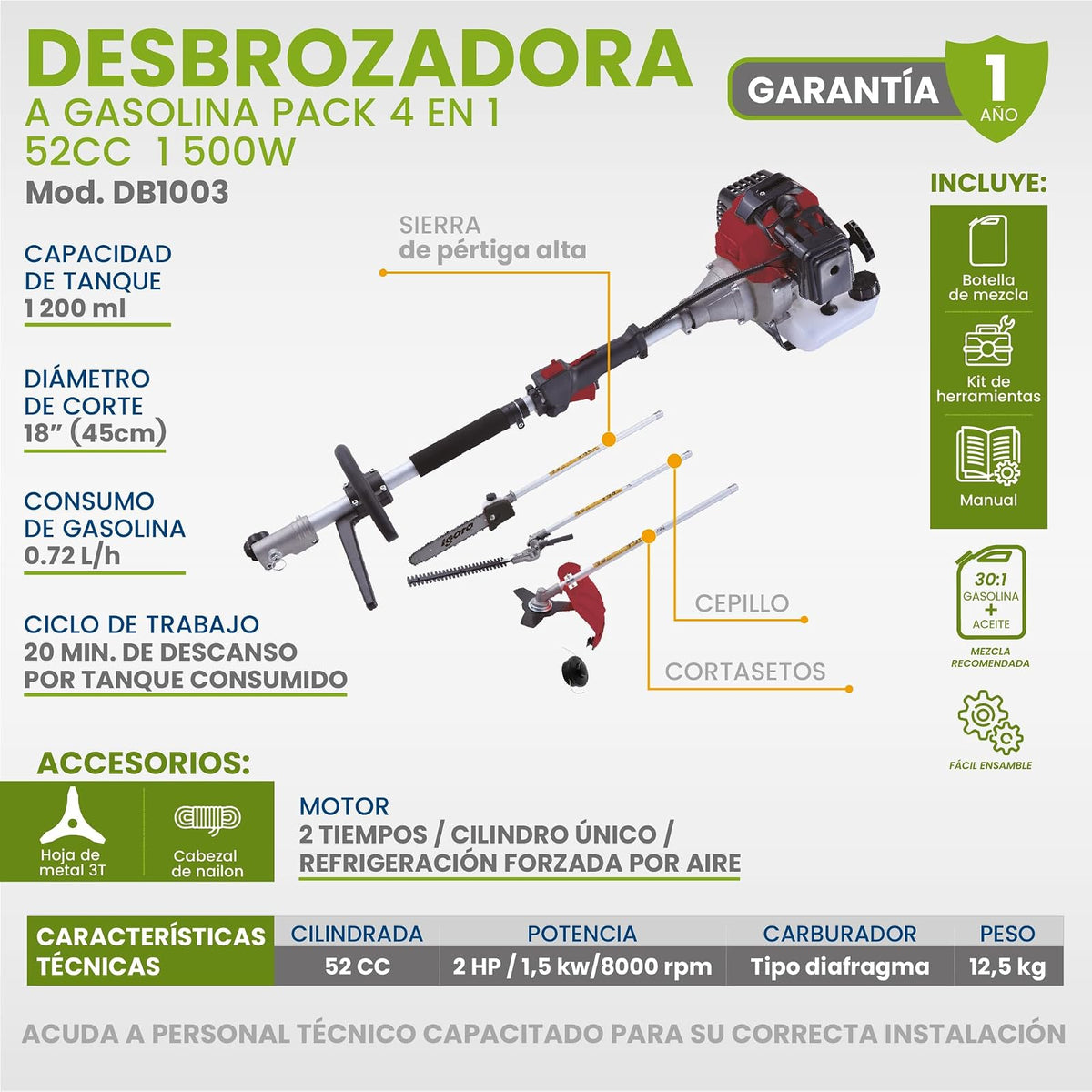 IGOTO Desbrozadora Desmalezadora de Gasolina 4 en 1 Sierra Cepillo Cortasetos Motor 2 Tiempos 2 HP 1500 W Capacidad del Tanque 1200 Ml Uso Profesional 52 CC Carburador Tipo Diafragma