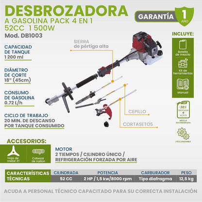 IGOTO Desbrozadora Desmalezadora de Gasolina 4 en 1 Sierra Cepillo Cortasetos Motor 2 Tiempos 2 HP 1500 W Capacidad del Tanque 1200 Ml Uso Profesional 52 CC Carburador Tipo Diafragma