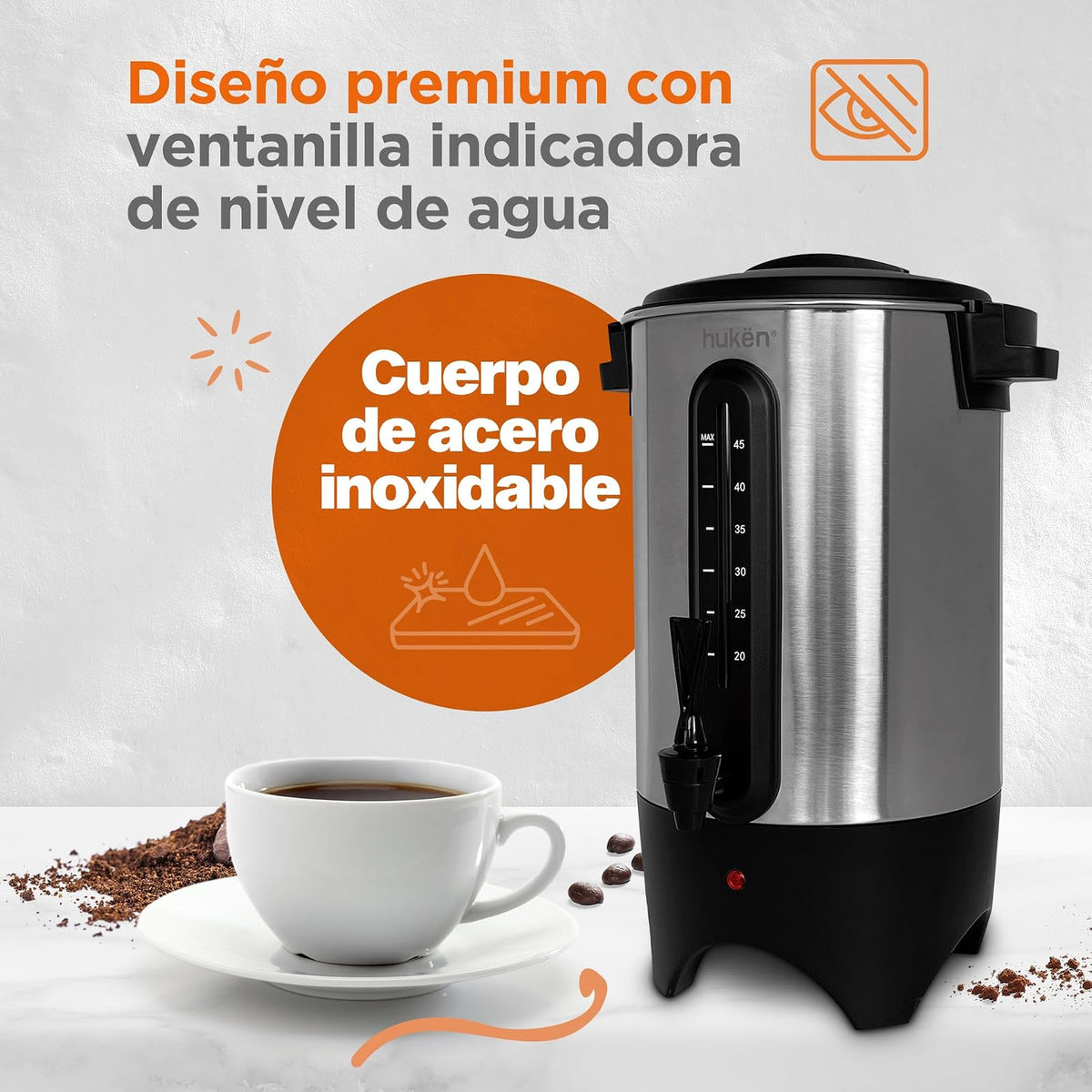 Urna de Café MasterChef by Hukën, capacidad 45 Tazas Acero Inoxidable con Ventanilla Indicadora de Nivel de Agua, 1000W de Potencia para Rápido Calentamiento, modelo MK-UCM-45