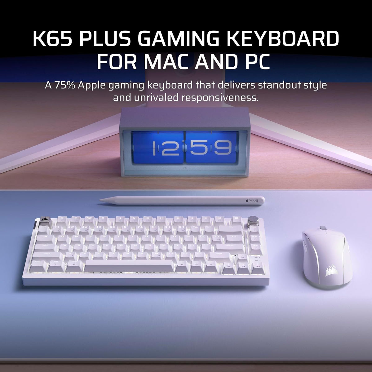 Corsair K65 Plus Teclado mecánico inalámbrico 75% RGB intercambiable en caliente para Mac y iPad – Interruptores lineales MLX Red v2 prelubricados, amortiguamiento de sonido – Diseño QWERTY NA, blanco