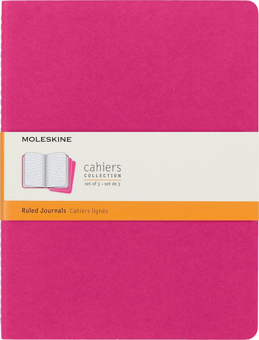 Moleskine Cahier Diario, cubierta suave, XL (7.5 x 9.5 pulgadas), rayadas/forradas, rosa cinético, 120 páginas (juego de 3)