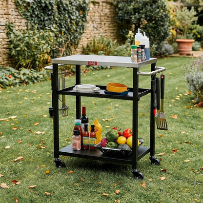 Feasto - Mesa de parrilla de 3 estantes, soporte para horno de pizza con estante ajustable, carro de parrilla móvil, para exterior, carrito de bar al aire última intervensión con ruedas, mesa de acero