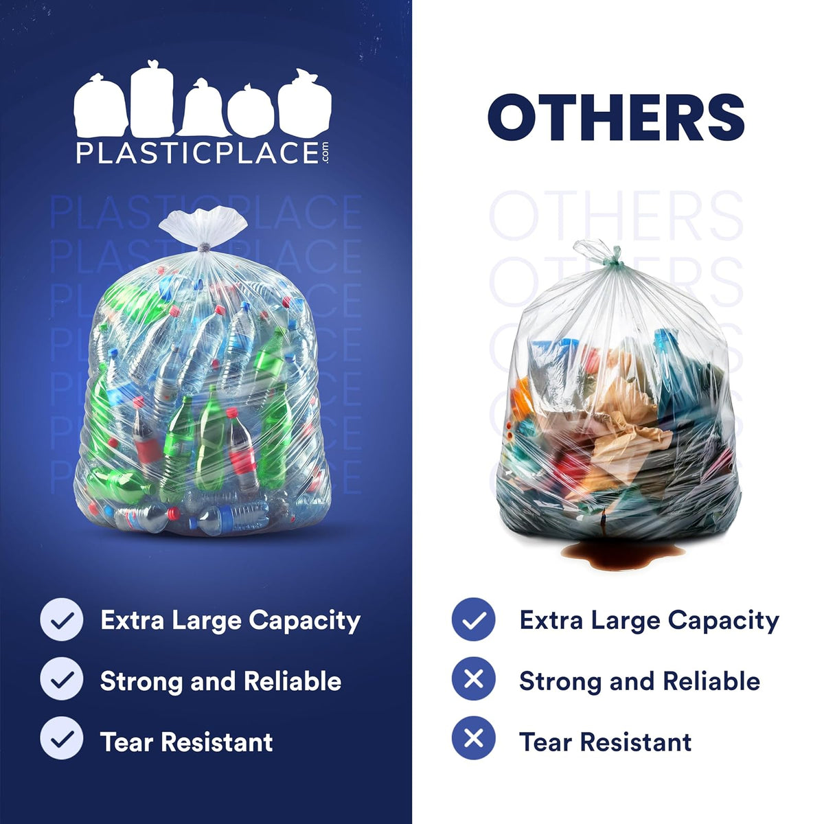 Plasticplace 55-60 gallon Trash Bags │ 22 Microns │ Clear High Density Garbage Can Liners │ 38” x 60” (150Count)