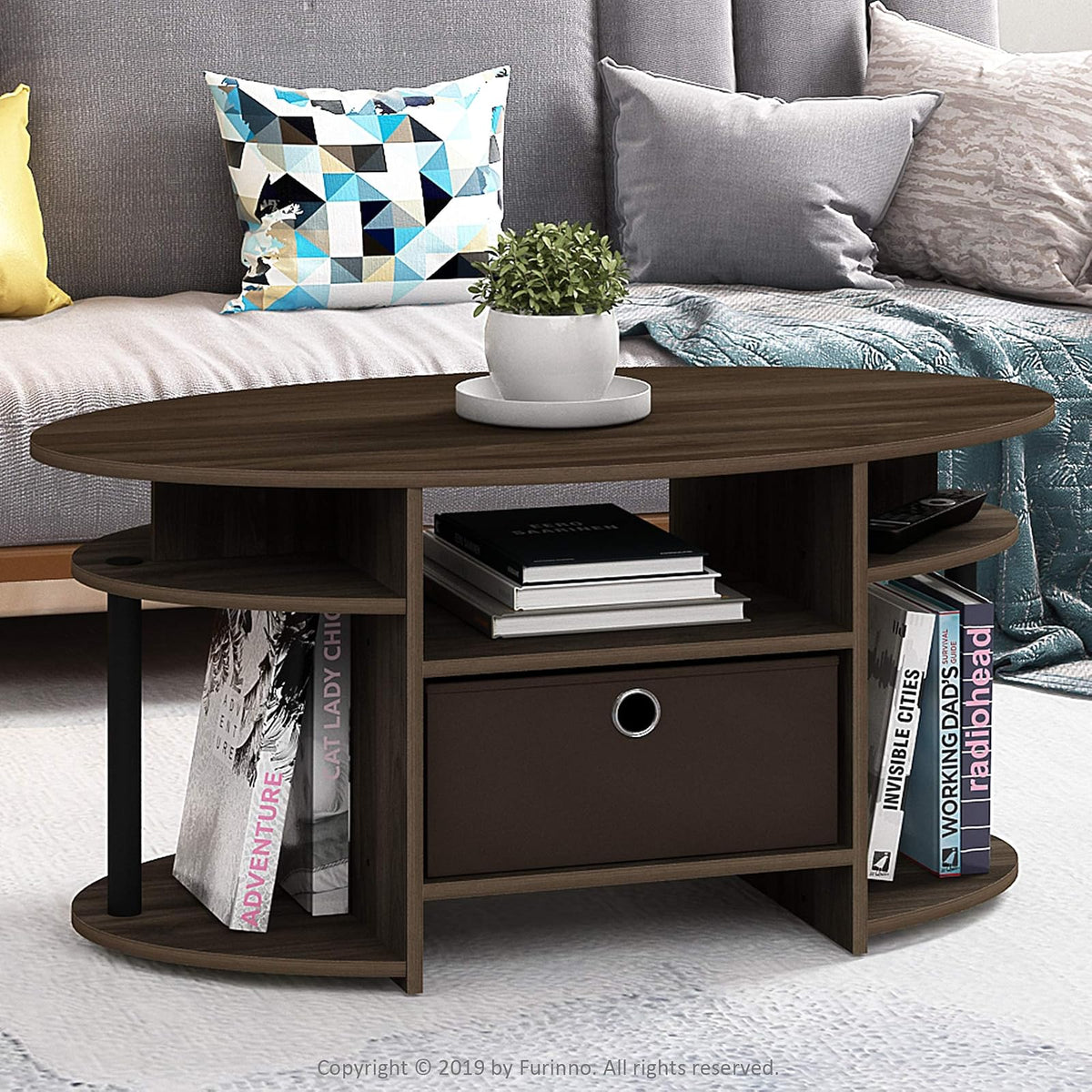 Furinno Jaya Mesa de Centro Ovalada de Diseño Simple con Cubeta, Columbia Nogal con Negro