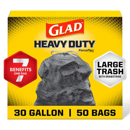 Glad Dual Defense Drawstring Large Trash Bags, 30 Gallon, 50 Count
