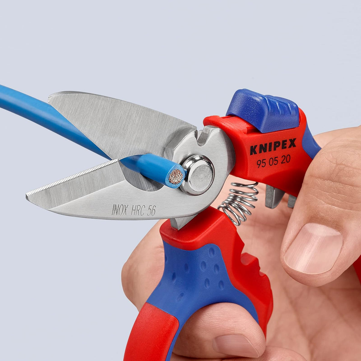 KNIPEX Tools - Tijeras de acero inoxidable 95 05 20 US en ángulo para electricistas, 6-1/4 pulgadas, rojo/azul