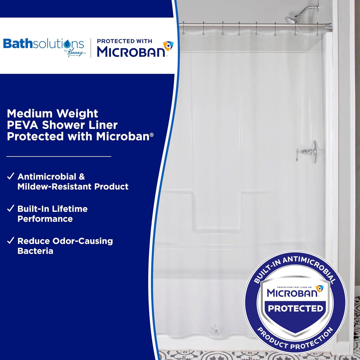 Kenney MB61160 Microban Protector de cortina de ducha impermeable de PEVA de calibre 4.8 con ojales de metal resistentes al óxido y dobladillo magnético pesado para baño, 70 pulgadas de ancho x 72 pulgadas de alto, transparente, 1 paquete