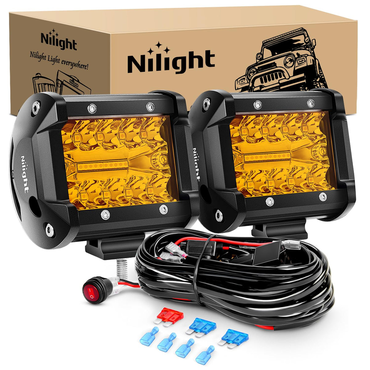 Nilight ZH446 2 Luces LED Ámbar de 4 Pulgadas 60W Triple Fila con Arnés de Cableado 16AWG para Jeep ATV UTV SUV, Ámbar - Ambar