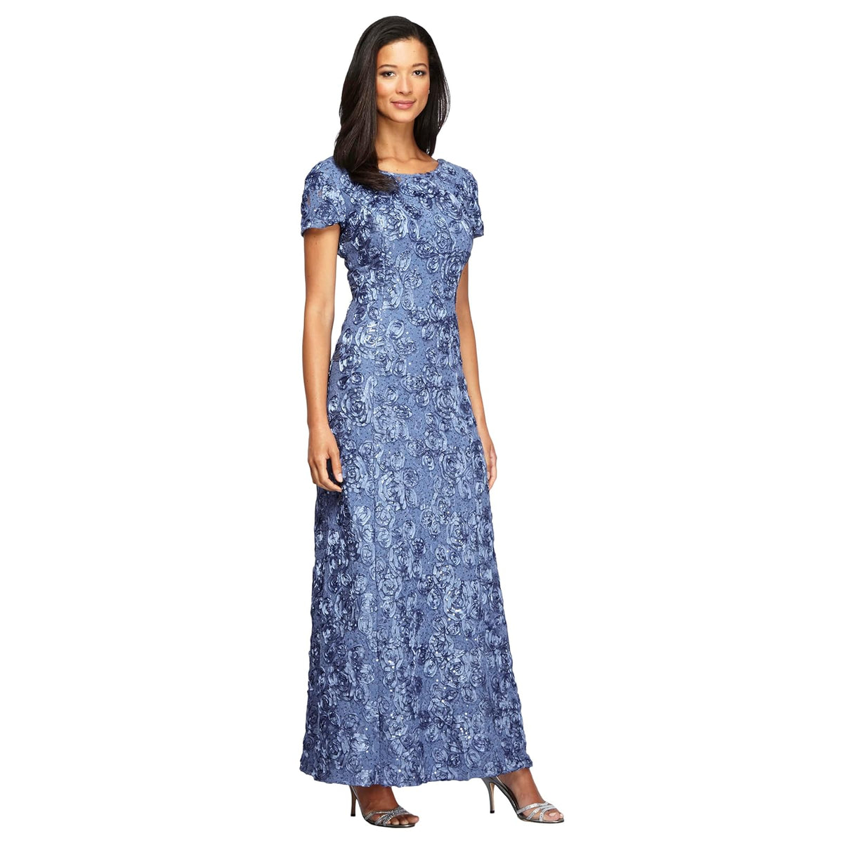 Alex Evenings Long Rosette Mother of The Bride Dress with Short Sleeves, Wedding Guest Vestido para ocasión Especial Mujer
