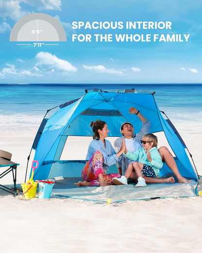 OutdoorMaster - Tienda de campaña de Playa desplegable para 4 Personas, fácil de Instalar y portátil, toldo de Playa con protección UPF 50+, protección UV, tragaluz extraíble, tamaño Familiar
