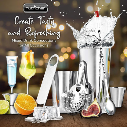 nutrichef Mixology Bartender Cocktail Shaker Set - 15 30 oz Stainless Steel Cocktail Bar Set Mix Drink Shaker Kit - Essentials Martini Making Kit Drink Mixing Starter Set - NCCS15PC (15 Piece Set)