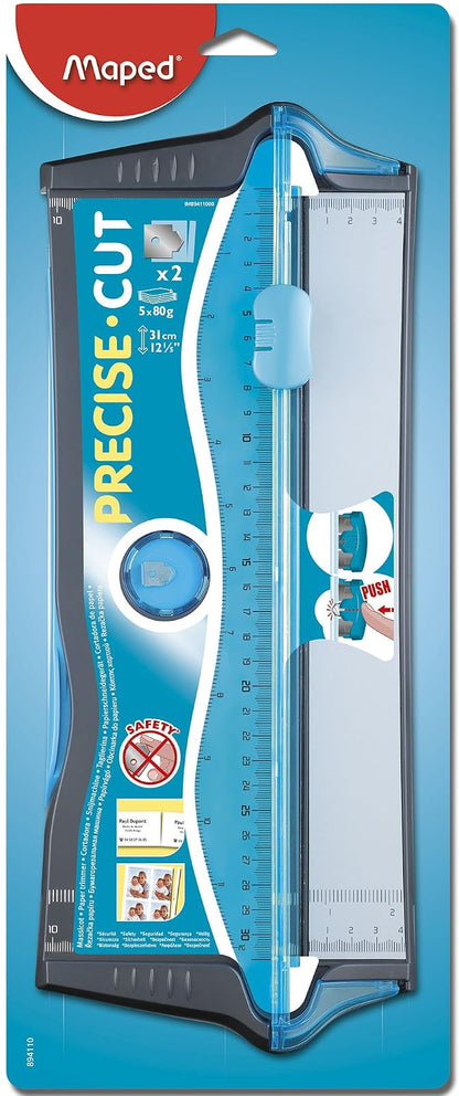MAPED Guillotina Precise Cut Azul | Cuchilla Auto-Retráctil | Corta 5 Hojas | Regleta en cm/pulg | Ideal para Papel y Fotos