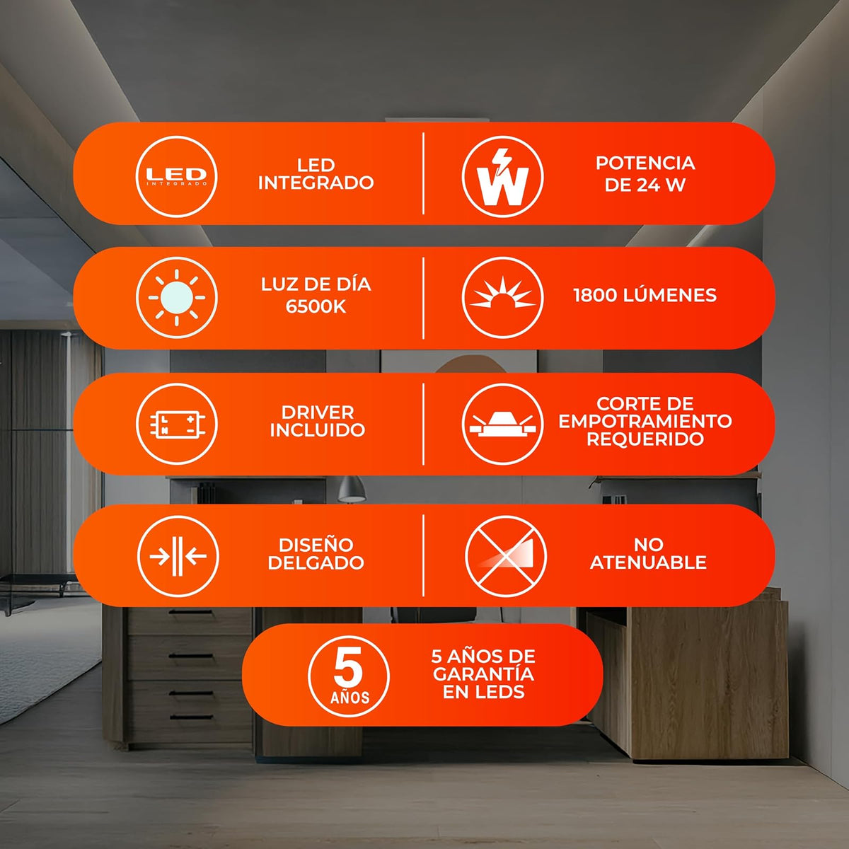 Tecnolite - Lámpara Empotrable de Techo Downlight LED 24 W, Luz de Día, No atenuable, Multivoltaje