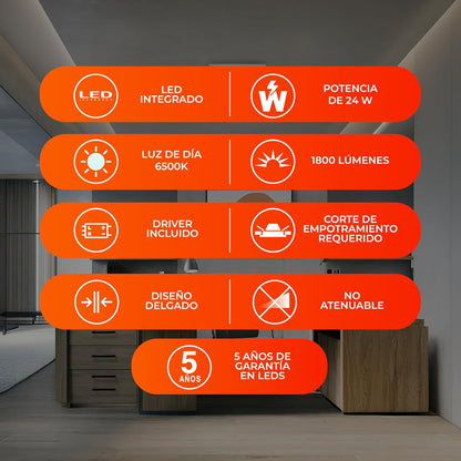 Tecnolite - Lámpara Empotrable de Techo Downlight LED 24 W, Luz de Día, No atenuable, Multivoltaje