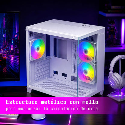 Gabinete Gamer M-ATX/M-ITX Micro Tower Blanco con 3 Ventiladores ARGB Vidrio Templado CXi2 Xzeal