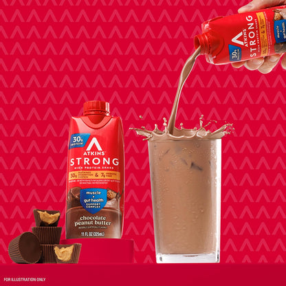 Atkins Strong Shakes Sabor Chocolate con Cacahuate | 30g de Proteína | Bebida RTD | Pack de 12 Piezas (325ml c/u)