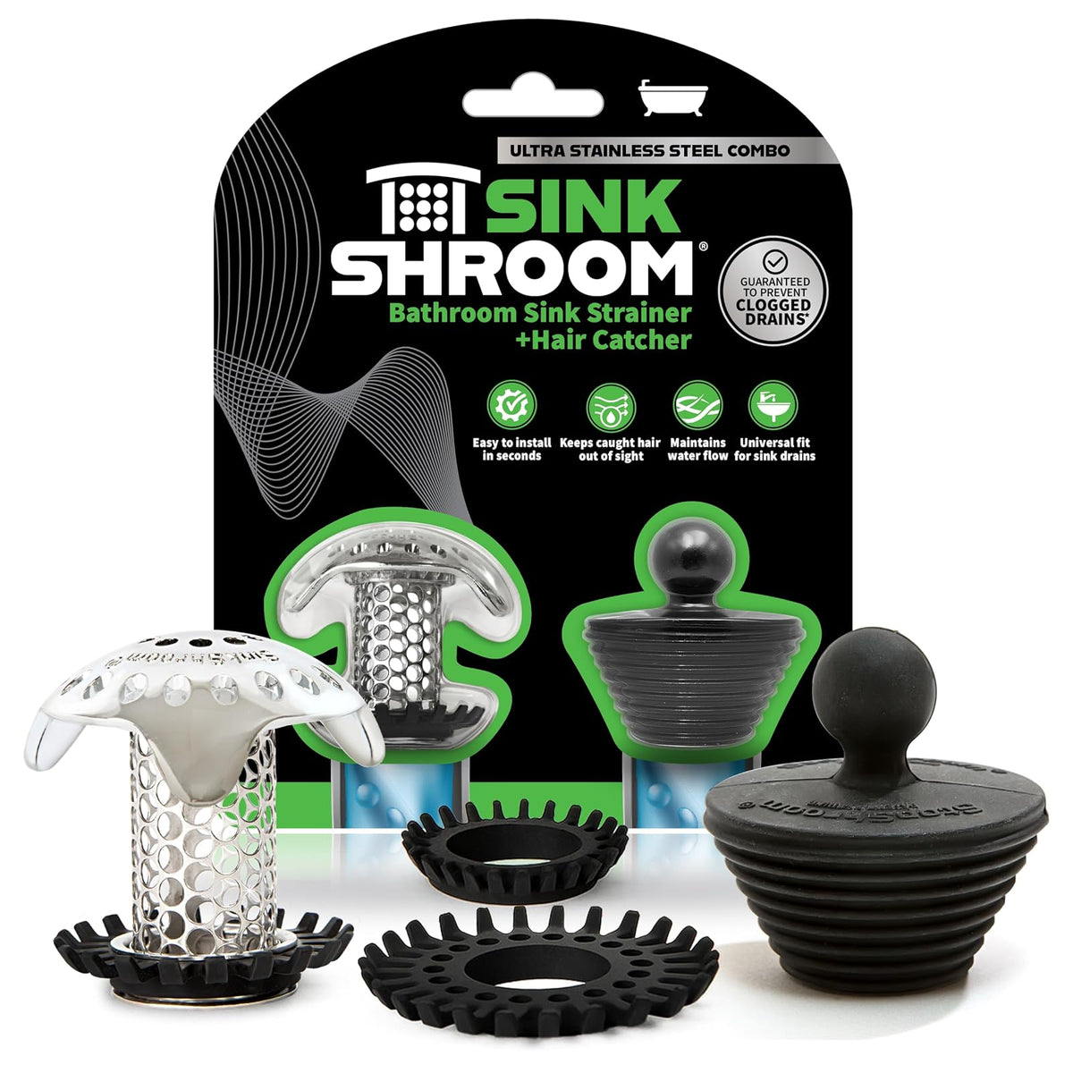 SinkShroom - Protector de desagüe para Fregadero de baño, de Acero Inoxidable con tapón