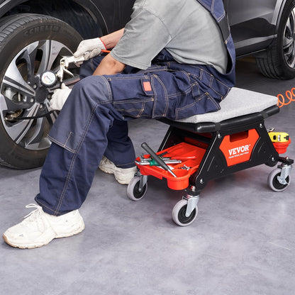 VEVOR Taburete de Taller Móvil 640 x 335 x 390 mm, Carga 136 kg Taburete de Mecánico con 2 Ruedas Asiento con Cerradura 450 x 250 mm con Bandejas de Herramientas para Mantenimiento, Reparación
