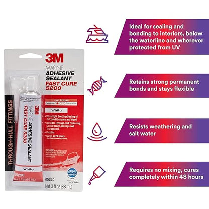 3M Marine Adhesive Sealant Fast Cure 5200 (05220) Unión permanente y sellado para barcos y vehículos recreativos por encima y por debajo de la línea de flotación, reparación impermeable, blanco, tubo