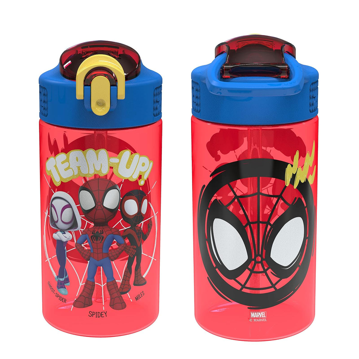 Zak Designs Marvel Spider-Man - Botella de agua para niños con tapa de boquilla y bucle de transporte, plástico duradero, diseño a prueba de fugas para viajes (16 onzas, paquete de 2, Spidey y sus