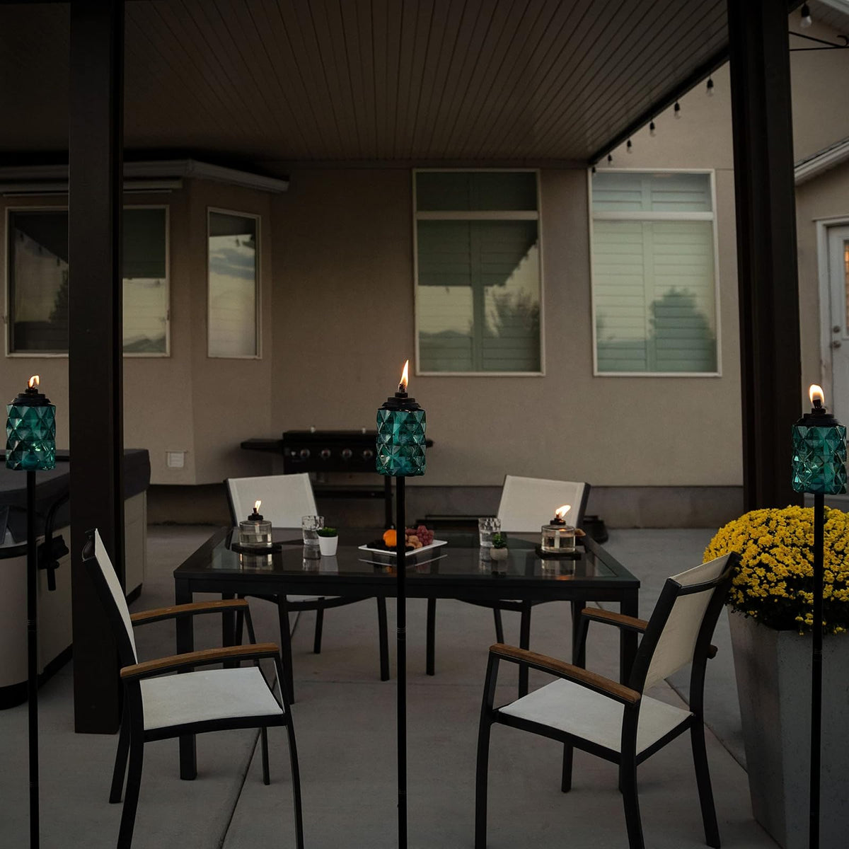 TIKI - Linternas TIKI de vidrio azul topacio - Linternas decorativas para exteriores, 65 pulgadas para patio, patio trasero y jardín, fácil de instalar, resistente a la intemperie, con mecha y