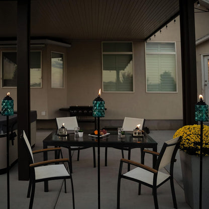 TIKI - Linternas TIKI de vidrio azul topacio - Linternas decorativas para exteriores, 65 pulgadas para patio, patio trasero y jardín, fácil de instalar, resistente a la intemperie, con mecha y